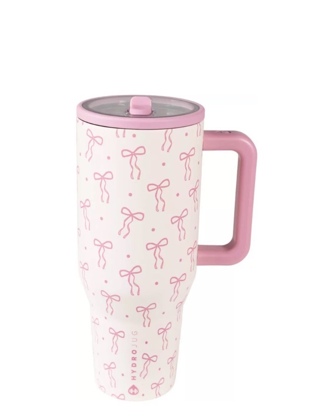 HydroJug Cream & Pink Bow Print Insulated Travel Mug with Pink Handle